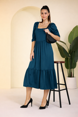 Sleek Sophistication Calf-Length Spandex Blue Dress