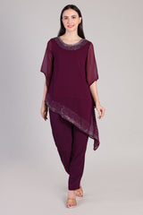 Women's Sequins Motifs Embellished Asymmetric Kurti Pant Set