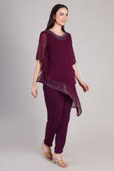 Women's Sequins Motifs Embellished Asymmetric Kurti Pant Set
