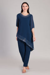 Women's Sequins Motifs Embellished Asymmetric Kurti Pant Set