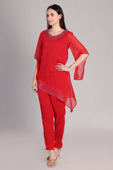 Women's Sequins Motifs Embellished Asymmetric Kurti Pant Set