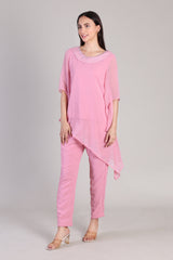 Women's Sequins Motifs Embellished Asymmetric Kurti Pant Set