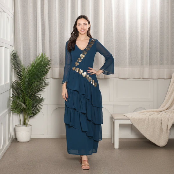 Elegant Frilled Ankle-Length Embellished Maxi  Dress