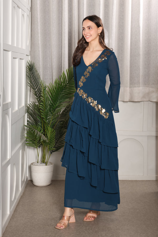 Elegant Frilled Ankle-Length Embellished Maxi  Dress