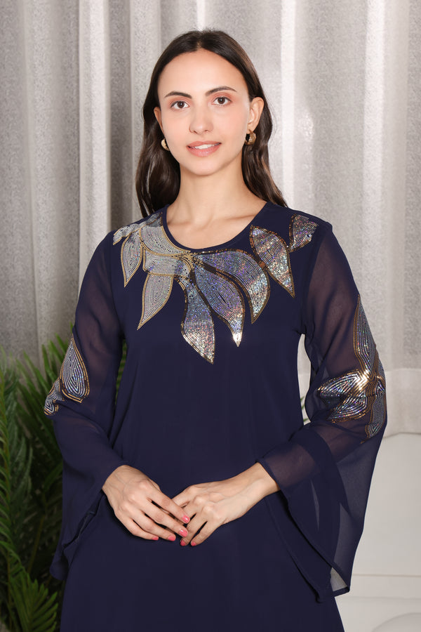 Women's Sequins Motifs Embellished Asymmetric Kurti Pant Set