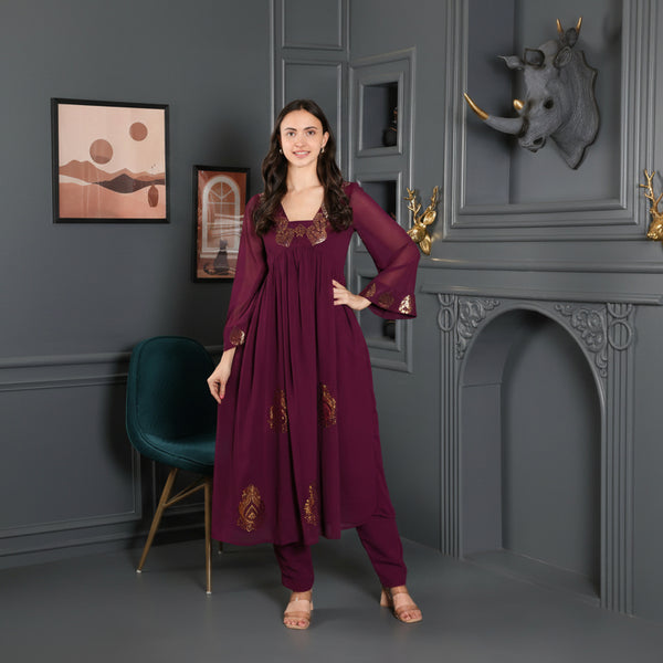 Women's Sequins Motifs Embellished Anarkali Kurti Pant Set