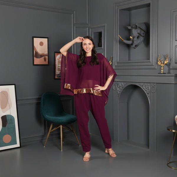 Women's Sequins Motifs Embellished Asymmetric Kurti Pant Set