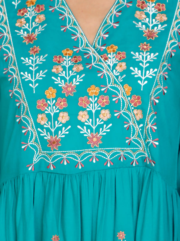 WOMEN FLORAL EMBROIDED KURTI  TURQUOISE