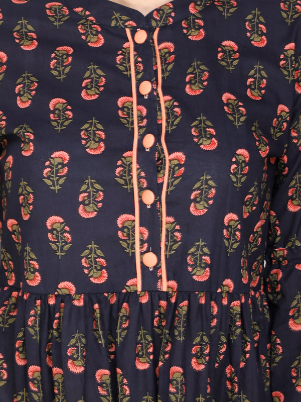 Navy Blue Printed Cotton Kurti with Rayon Palazzo Pants & Dupatta Set