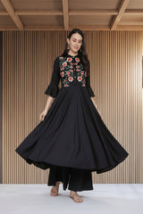 🌸 Midnight Bloom Embroidered Rayon Kurta Set with Dupatta