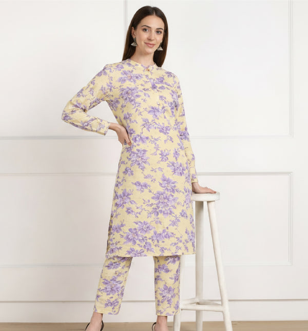 🌸 Floral Printed Spandex Kurti Pant Co-Ord Set 🌸