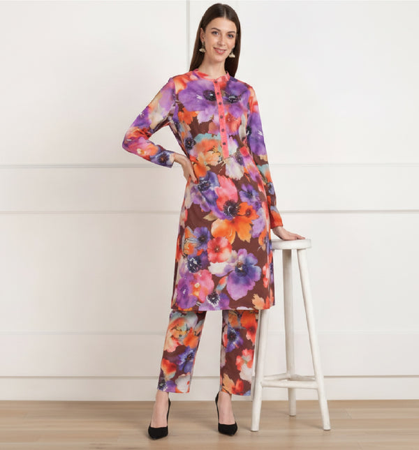 🌸 Floral Printed Spandex Kurti Pant Co-Ord Set 🌸