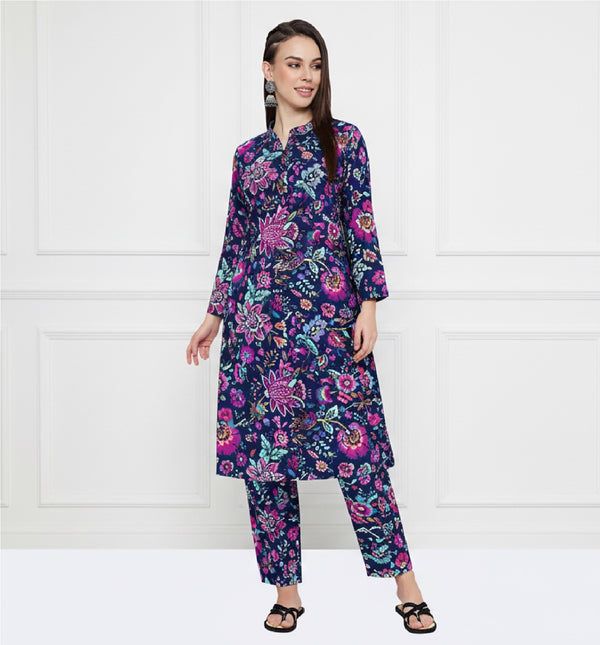 🌸 Floral Printed Spandex Kurti Pant Co-Ord Set 🌸
