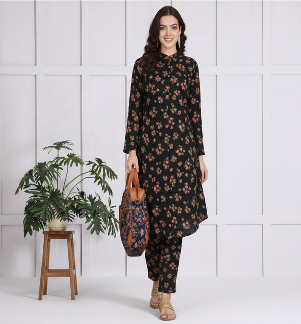 🌸 Floral Printed Spandex Kurti Pant Co-Ord Set 🌸