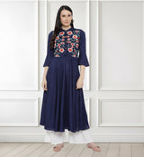 🌸 Ethnic Floral Embroidered Rayon Kurti Palazzo Set for Women