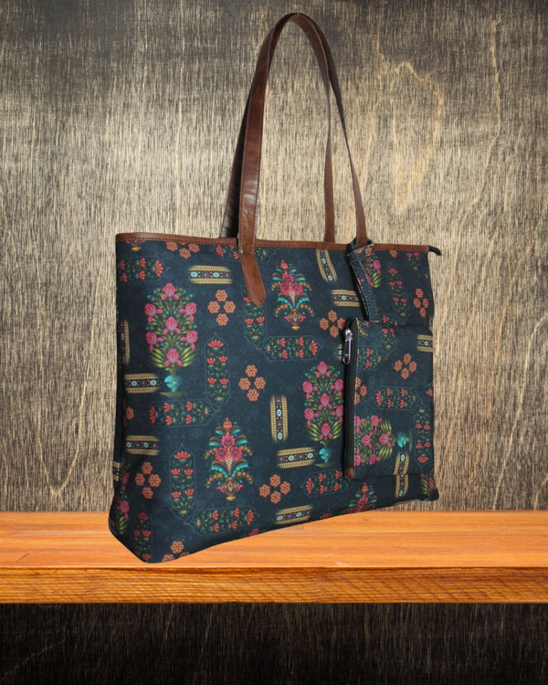 ETHNIC FLORAL MOTIFS PRINT TOTE BAG
