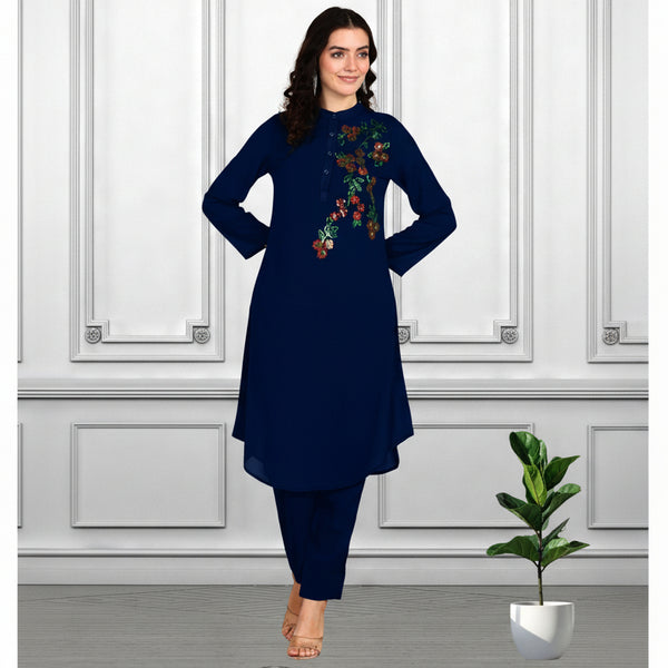 Women Sequins Motifs Embellished Asymmetric Kurti Pant Set