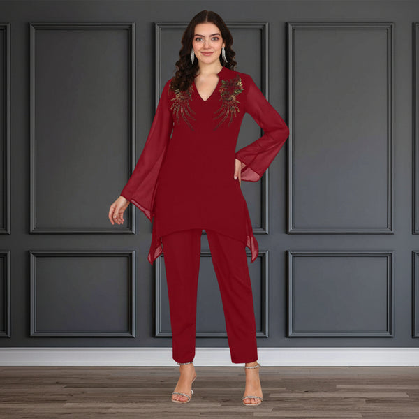 Women's Sequins Motifs Embellished Asymmetric Kurti Pant Set