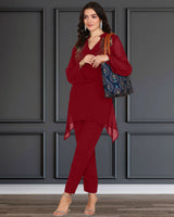 Women's Sequins Motifs Embellished Asymmetric Kurti Pant Set