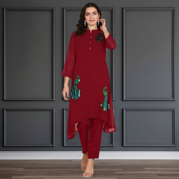 Women's Sequins Motifs Embellished Asymmetric Kurti Pant Set