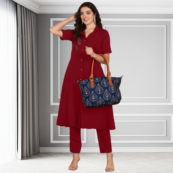Women's Sequins Motifs Embellished Asymmetric Kurti Pant Set