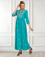 WOMEN FLORAL EMBROIDED KURTI  TURQUOISE