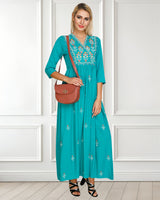 WOMEN FLORAL EMBROIDED KURTI  TURQUOISE