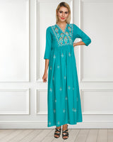 WOMEN FLORAL EMBROIDED KURTI  TURQUOISE