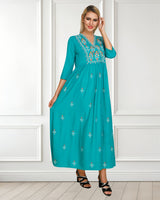 WOMEN FLORAL EMBROIDED KURTI  TURQUOISE
