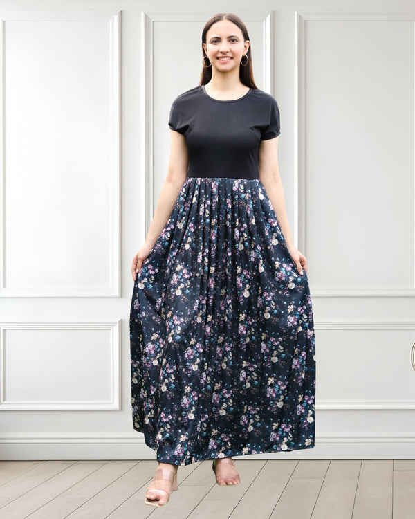 Midnight Blooms Pleated Black Floral Maxi Dress