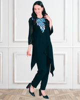 Women's Sequins Motifs Embellished Asymmetric Kurti Pant Set
