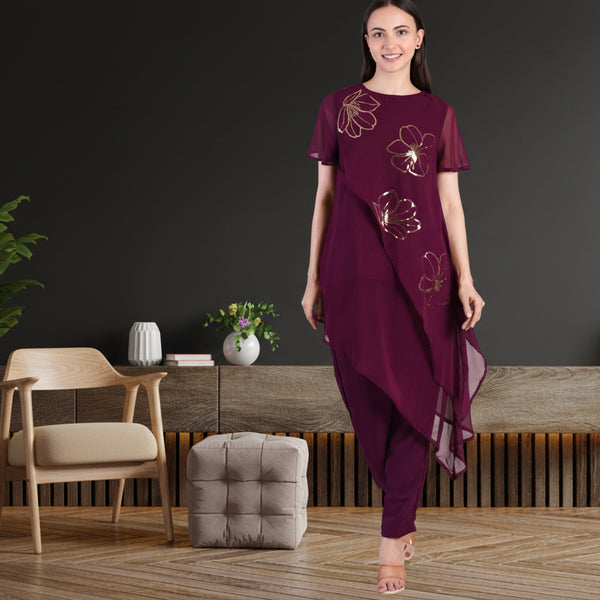 Women's Sequins Motifs Embellished Georgette Asymmetric Kurti Pant Set