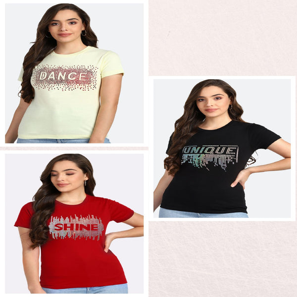 Women’s Cotton Sequin Motif T-Shirt Pack of 3 – Just ₹799 | MRP ₹3,099