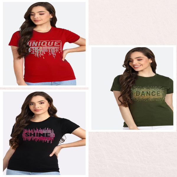Women’s Cotton Sequin Motif T-Shirt Pack of 3 – Just ₹799 | MRP ₹3,099