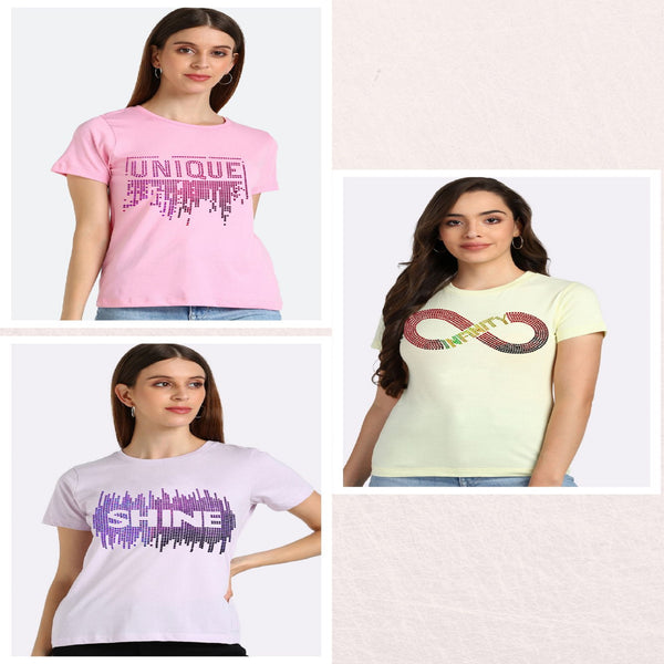 Women’s Cotton Sequin Motif T-Shirt Pack of 3 – Just ₹799 | MRP ₹3,099