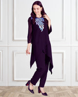 Women's Sequins Motifs Embellished Asymmetric Kurti Pant Set