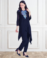 Women's Sequins Motifs Embellished Asymmetric Kurti Pant Set