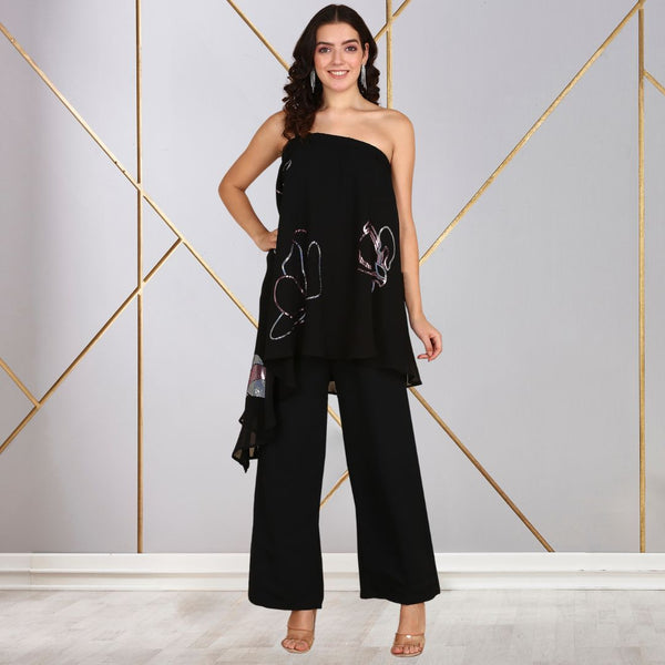 Women Sequins Motifs Embellished Asymmetric Kurti Pant Set
