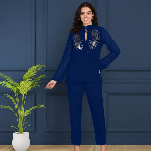 Women Sequins Motifs Embellished Asymmetric Kurti Pant Set