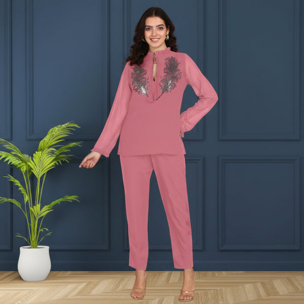 Women's Sequins Motifs Embellished Asymmetric Kurti Pant Set