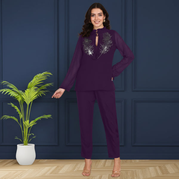 Women's Sequins Motifs Embellished Asymmetric Kurti Pant Set