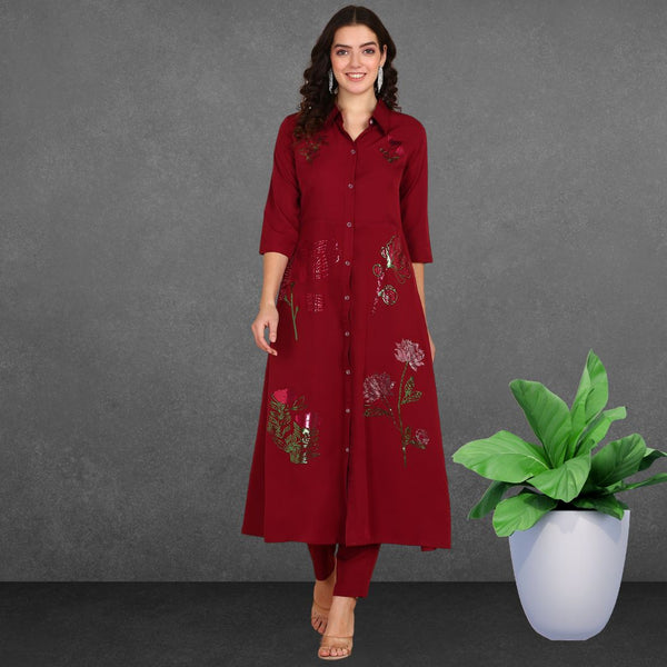 Women Sequins Motifs Embellished Asymmetric Kurti Pant Set