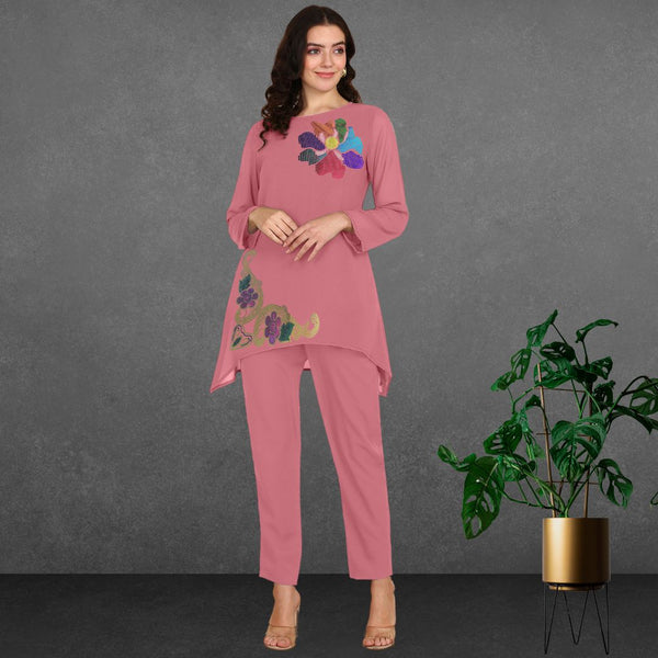 Women Sequins Motifs Embellished Asymmetric Kurti Pant Set
