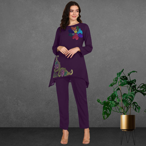 Women Sequins Motifs Embellished Asymmetric Kurti Pant Set