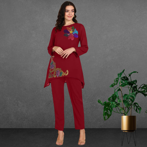 Women Sequins Motifs Embellished Asymmetric Kurti Pant Set