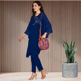 Women Sequins Motifs Embellished Asymmetric Kurti Pant Set,