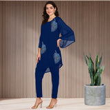 Women Sequins Motifs Embellished Asymmetric Kurti Pant Set