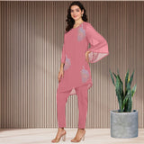 Women Sequins Motifs Embellished Asymmetric Kurti Pant Set