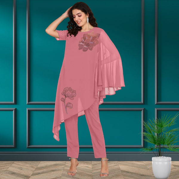 Women Sequins Motifs Embellished Asymmetric Kurti Pant Set
