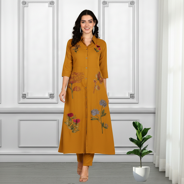 Women Sequins Motifs Embellished Long Kurti Pant Set
